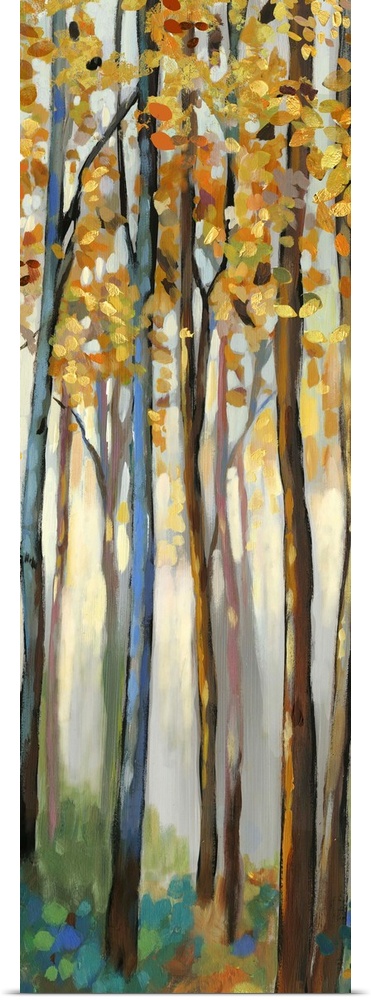 Contemporary painting of a forest with thin trees and autumn leaves.
