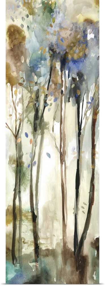 Watercolor artwork of a forest with tall, thin trees.