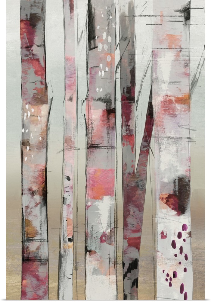 Contemporary artwork of a small group of birch trees in pink shades.