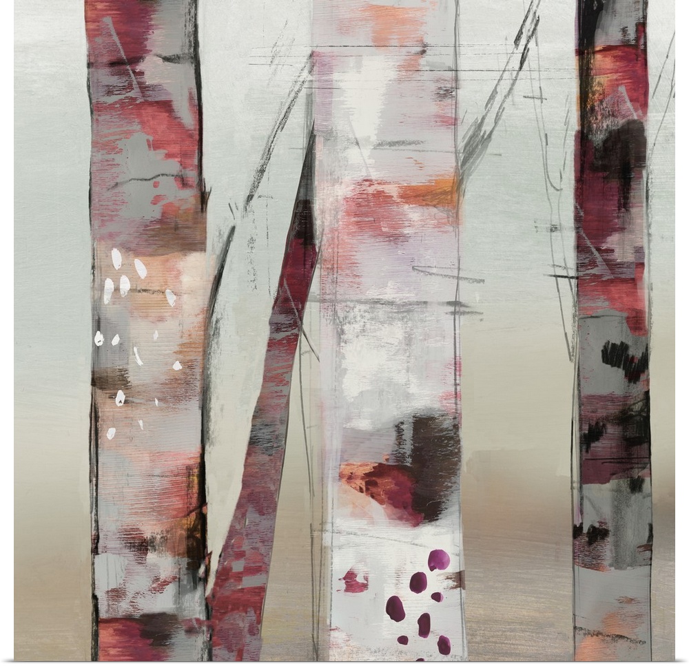 Contemporary artwork of a small group of birch trees with pink shades.