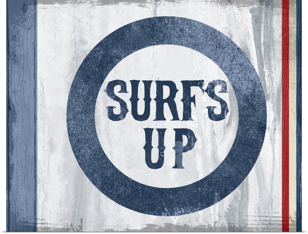 Red and blue surfing sign with "Surf's Up" printed on.