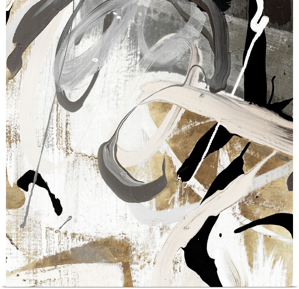 A Square abstract painting featuring shades of brown, black and white.