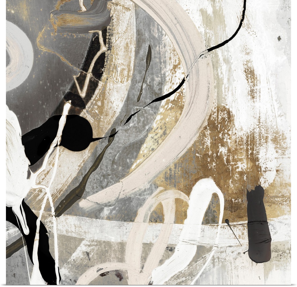 A Square abstract painting featuring shades of brown, black and white.