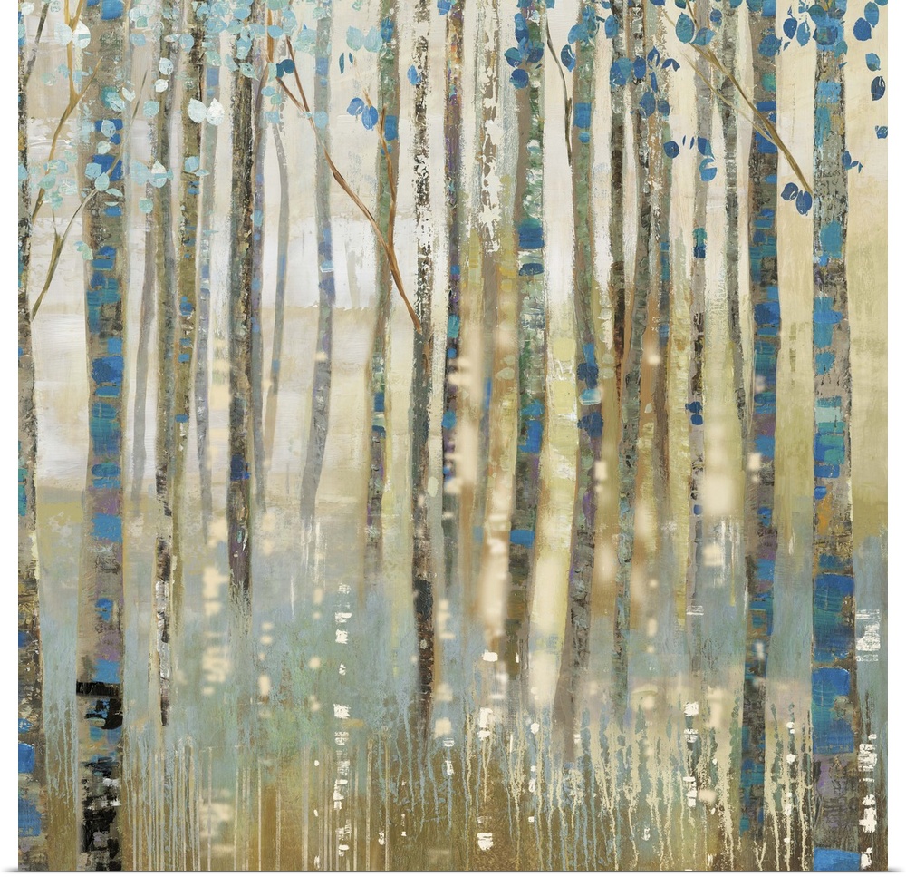 Contemporary home decor artwork of a golden forest with blue accented trees.