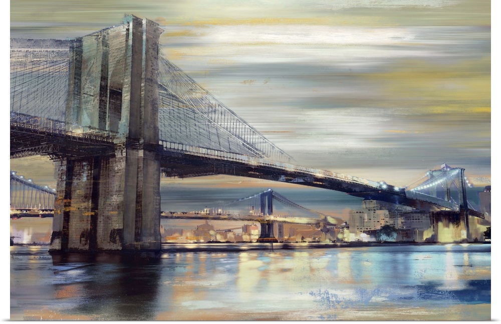 Contemporary home decor artwork of the Brooklyn bridge over the river at twilight.