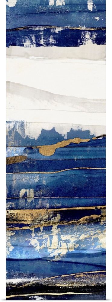 Abstract painting in various shades of blue with complementary gold accents.