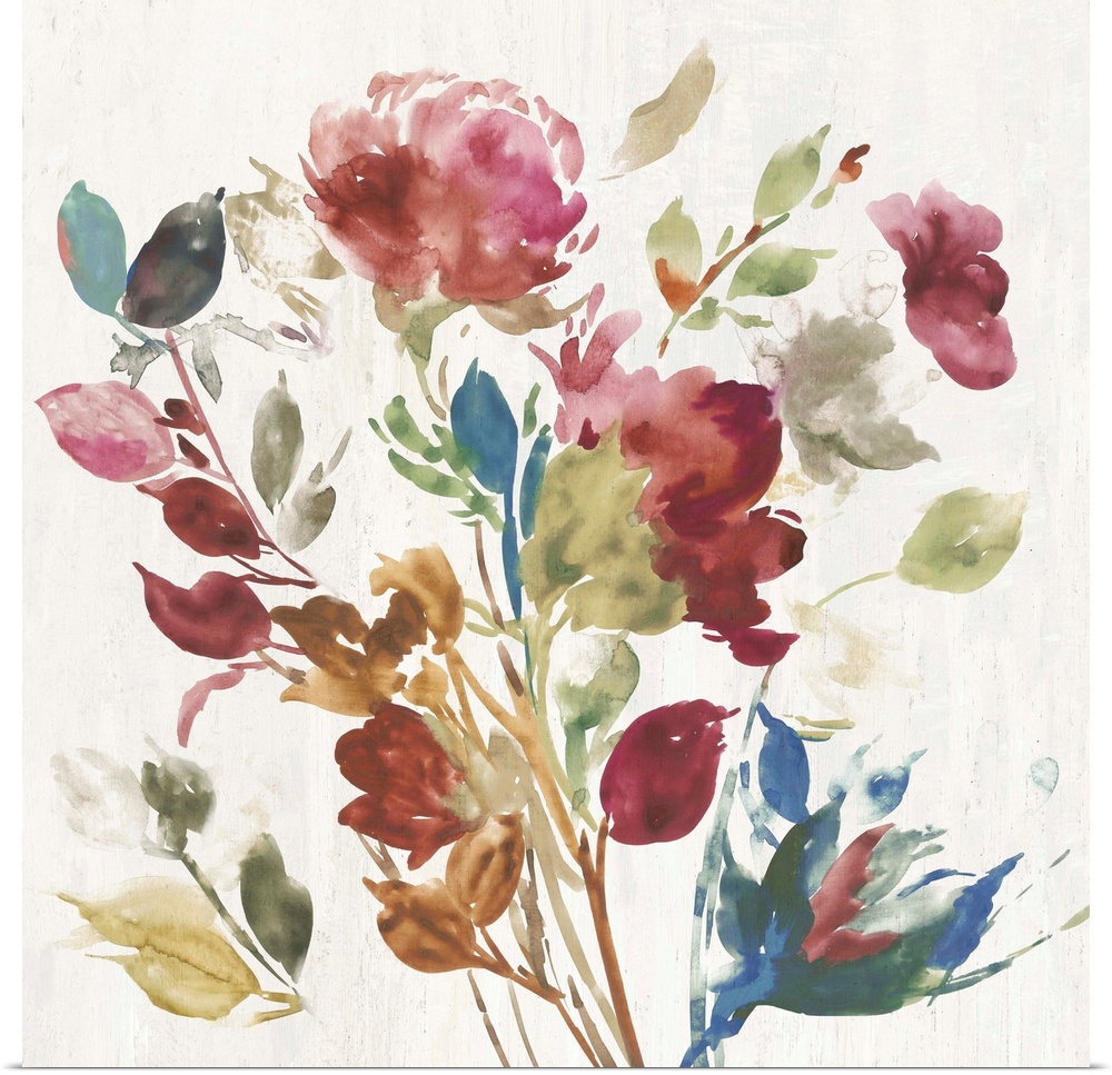 Watercolor artwork of pink, green, and blue flowers over a cream colored background.