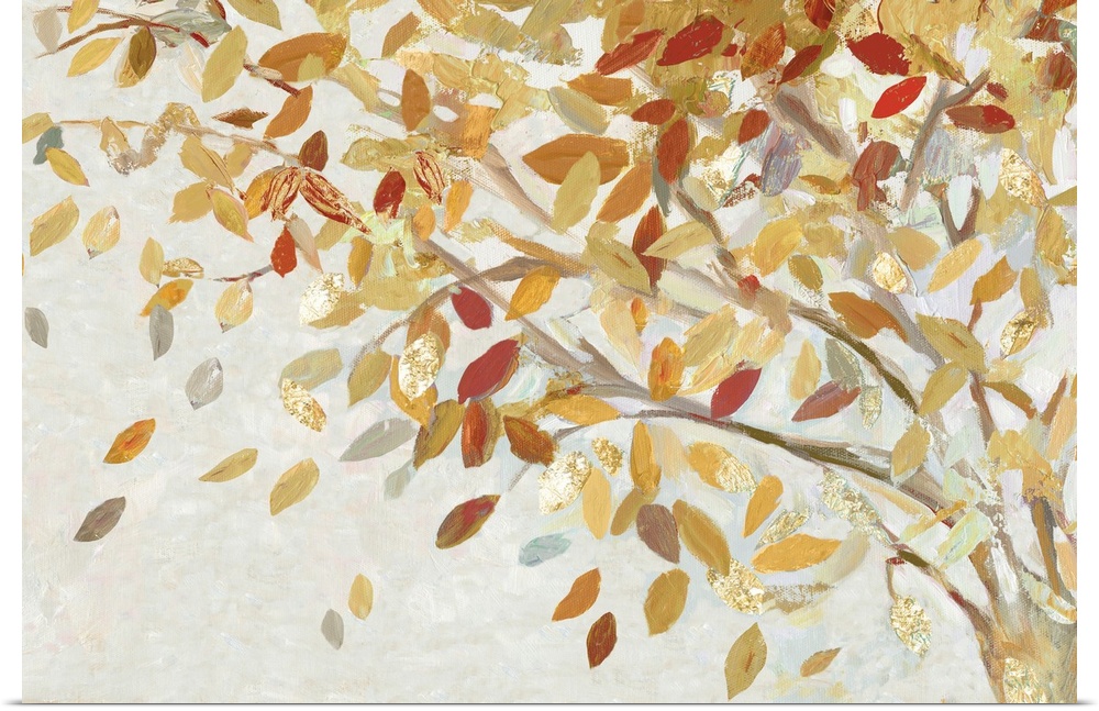 A horizontal painting of a branch full of autumn leaves with gold accents.