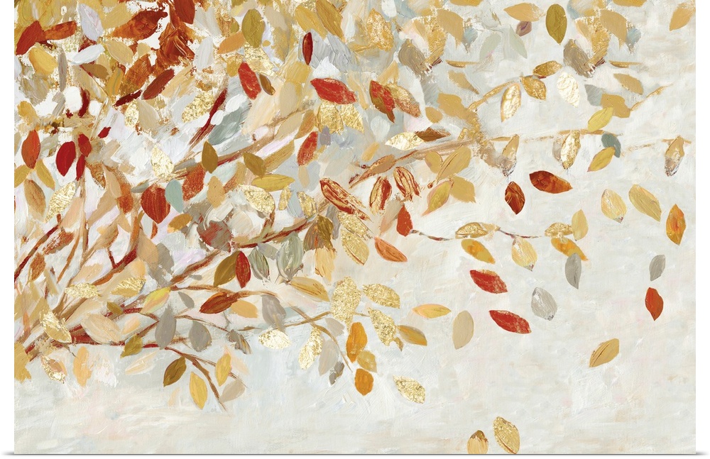 A horizontal painting of a branch full of autumn leaves with gold accents.