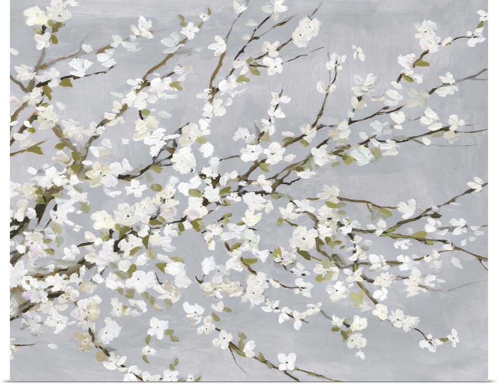Contemporary painting of white floral blossoms on a gray background.