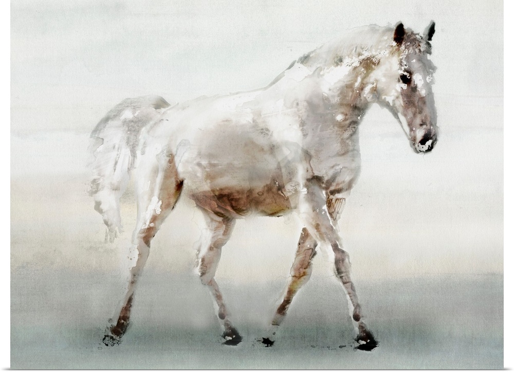 Contemporary artwork of a white horse walking slowly.