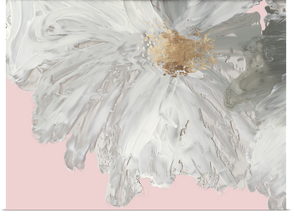 Decorative artwork with a large white peony on a pale pink background.