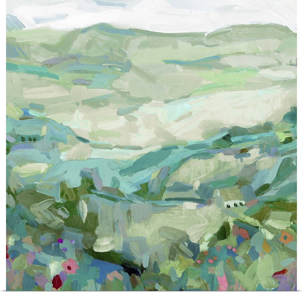 Contemporary landscape painting of a hillside with wildflowers.
