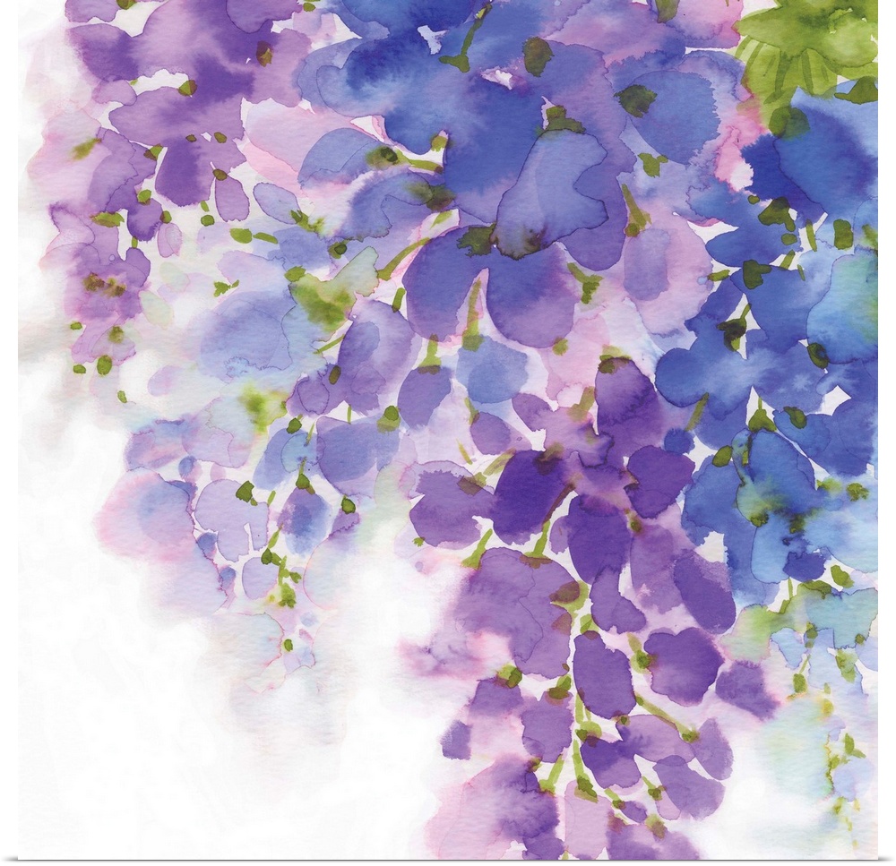 Square painting with abstract florals in shades of purple and olive green leaves on a white background.