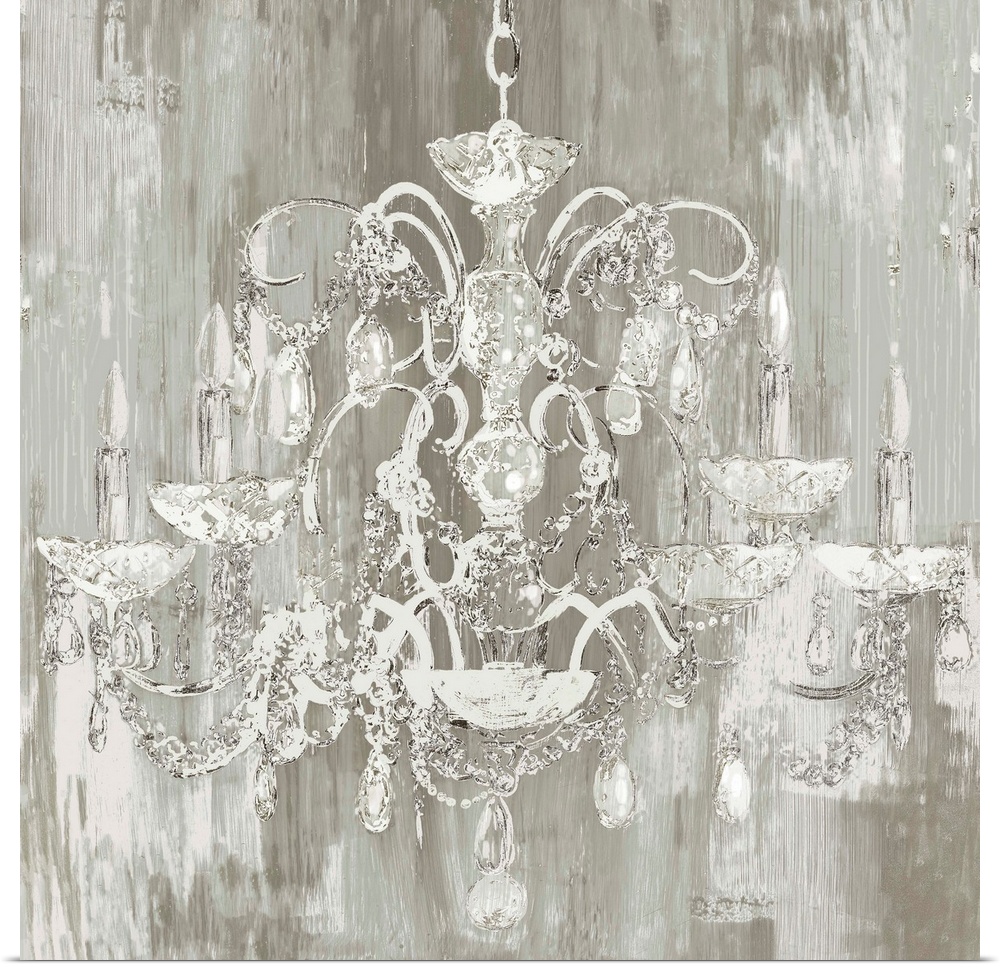 White silhouette of a chandelier on a gray and white streaked background.