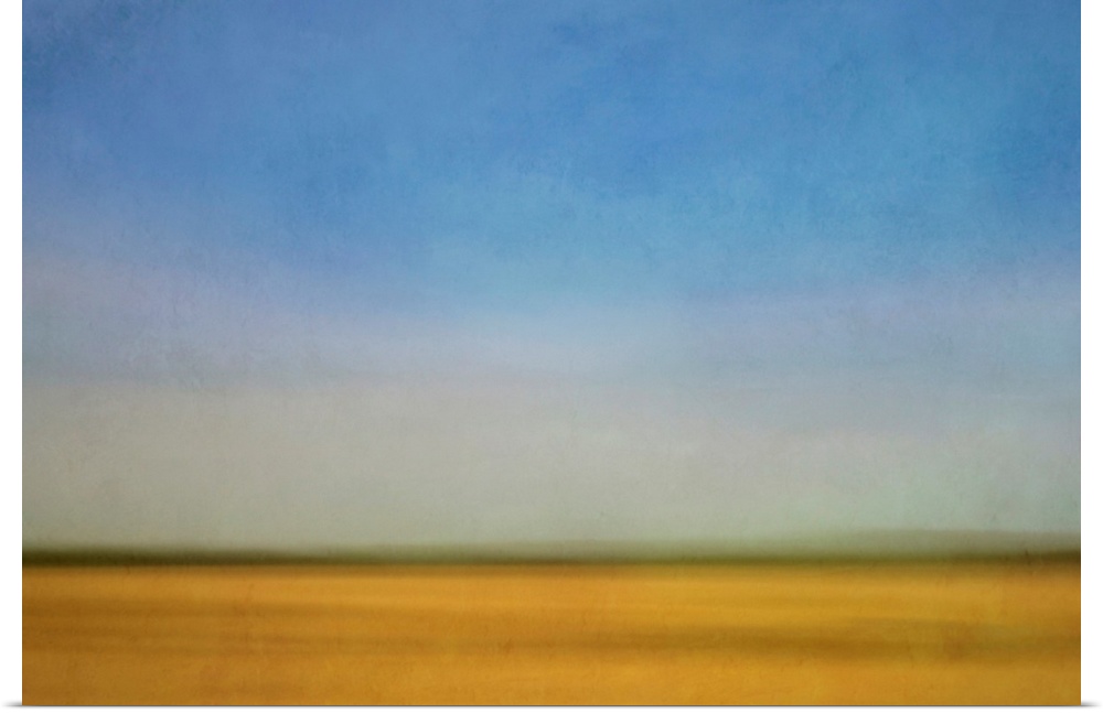 Impressionist landscape of a prairie farm field and blue sky.