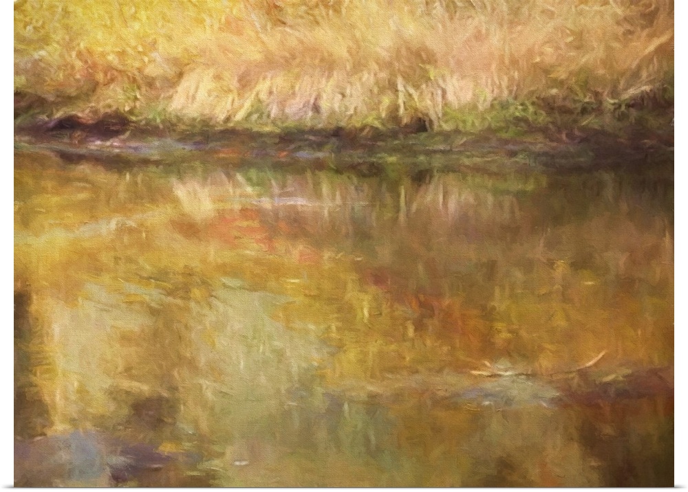 Digital painting of a pond bank and water reflections in autumn.