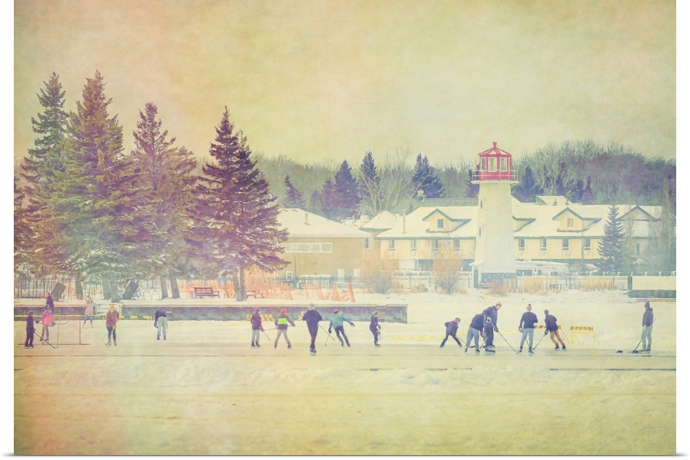Photo illustration of people playing hockey on a frozen lake in winter. Sylvan Lake, Alberta, Canada.