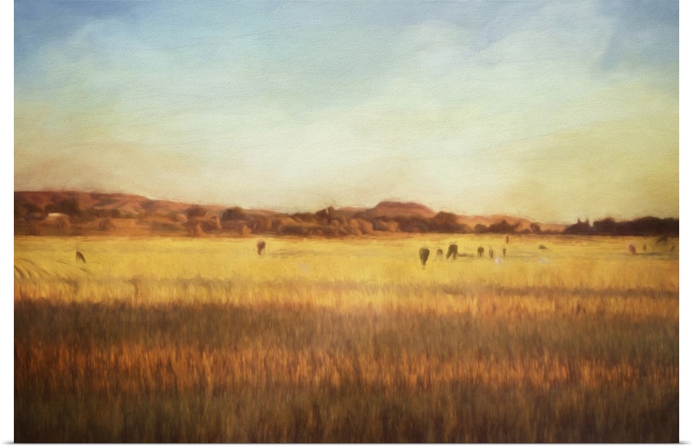 A digital painting of cattle on pasture at sunset.