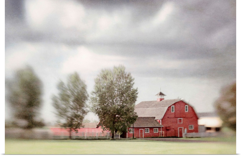 Pictorialist photo of a big red horse barn on a Canadian farm.