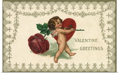 Cherub Carrying a Large Rose and Heart