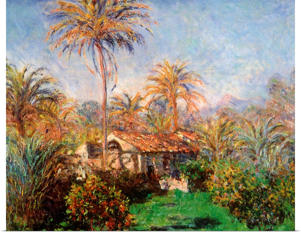 Painting on canvas of a home with palm trees surrounding it.