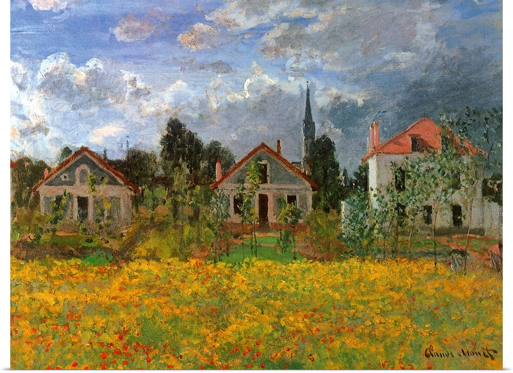 Classical painting of a row of cute houses and a church in a country town filled with wild flowers.