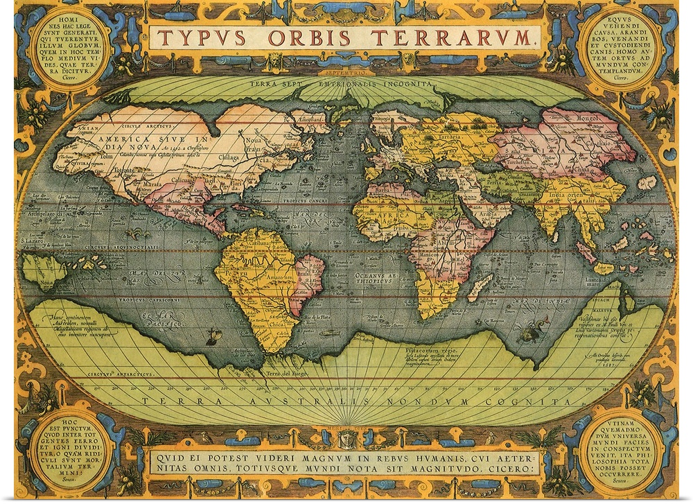 Vintage Map of the World on canvas from the 1500s.