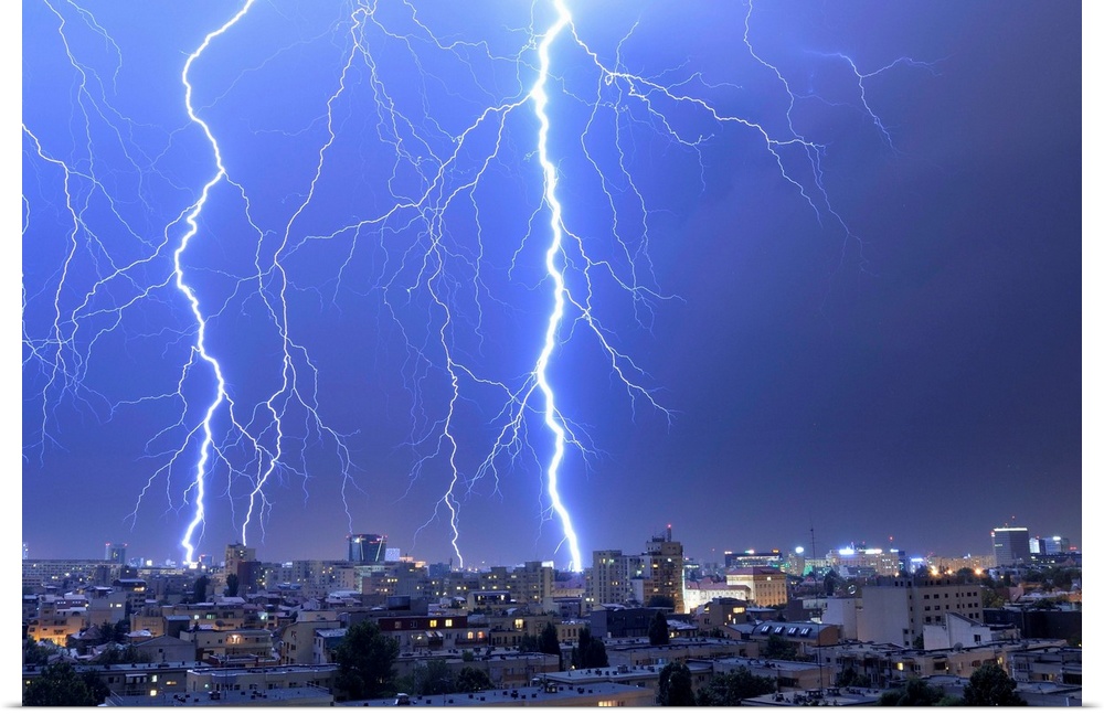 Multiple exposures of lightning strikes over Bucharest, Romania.