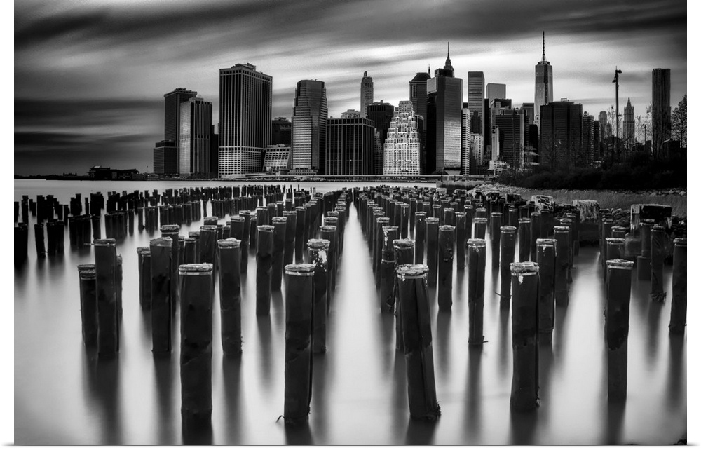 New York City skyline seen from the harbor, in black and white.