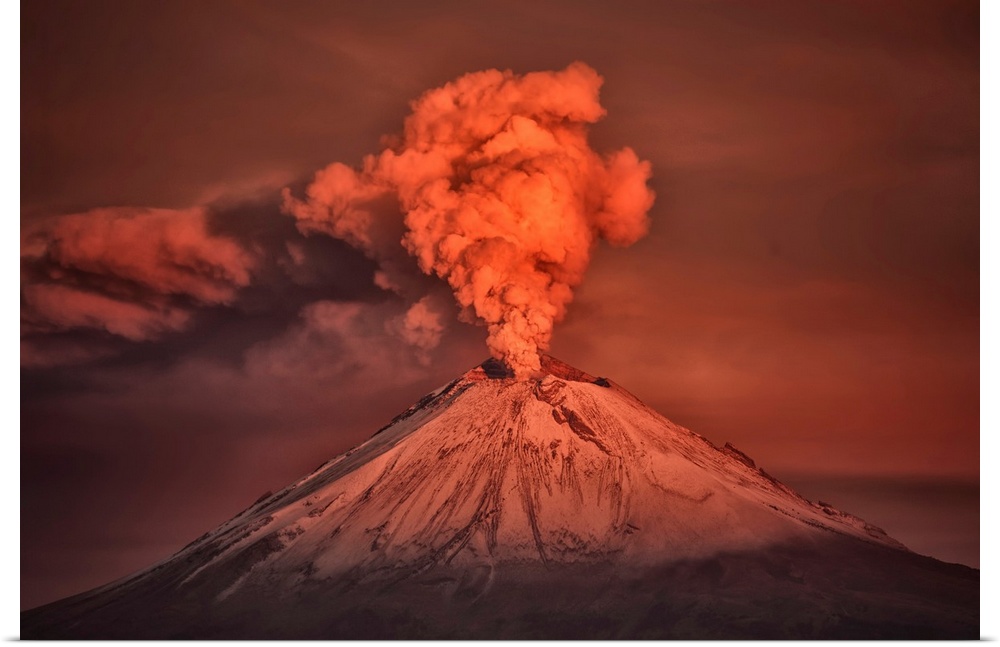 Eruption of Popopcatepetl volcano at sunrise, Mexico.
