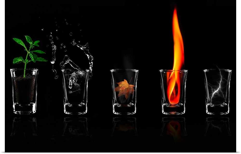 Five shot glasses, each holding an object symbolizing a natural element: earth, water, wood, fire, and air.