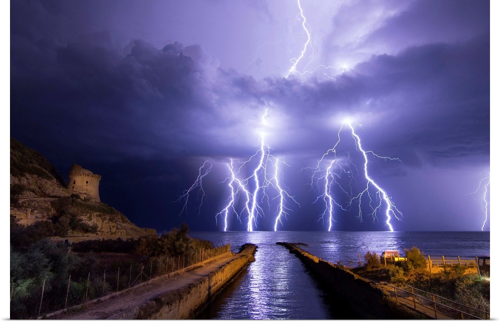Lightning storm over the ocean near Torre Paola, Italy.