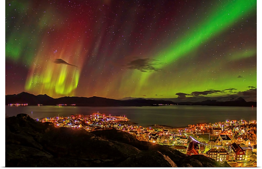 Colorful northern lights over the village of Lodingen in Nordland, Norway.