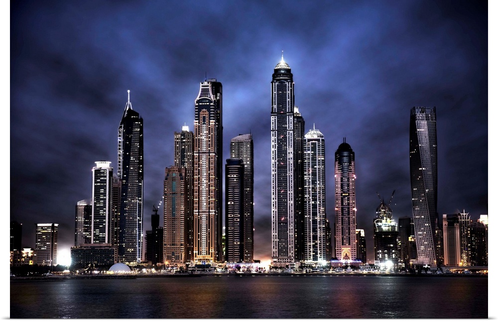 The Dubai city skyline at night, United Arab Emirates.