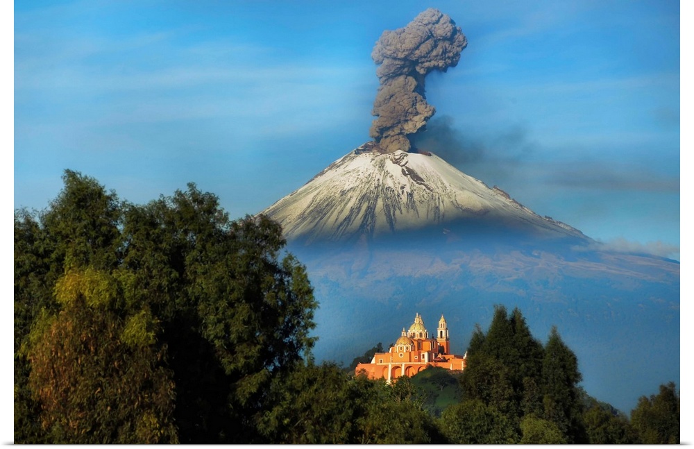 Church at Cholula Puebla, mexico, and Popocatepetl in the background.