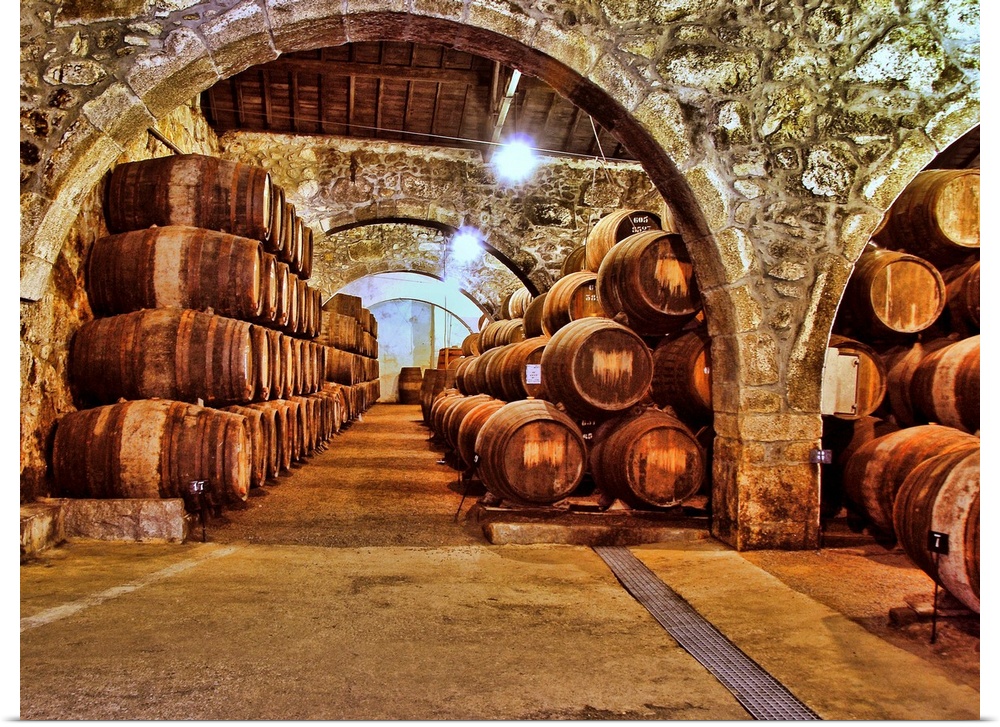 Stone wine cellar filled with wooden barrels.