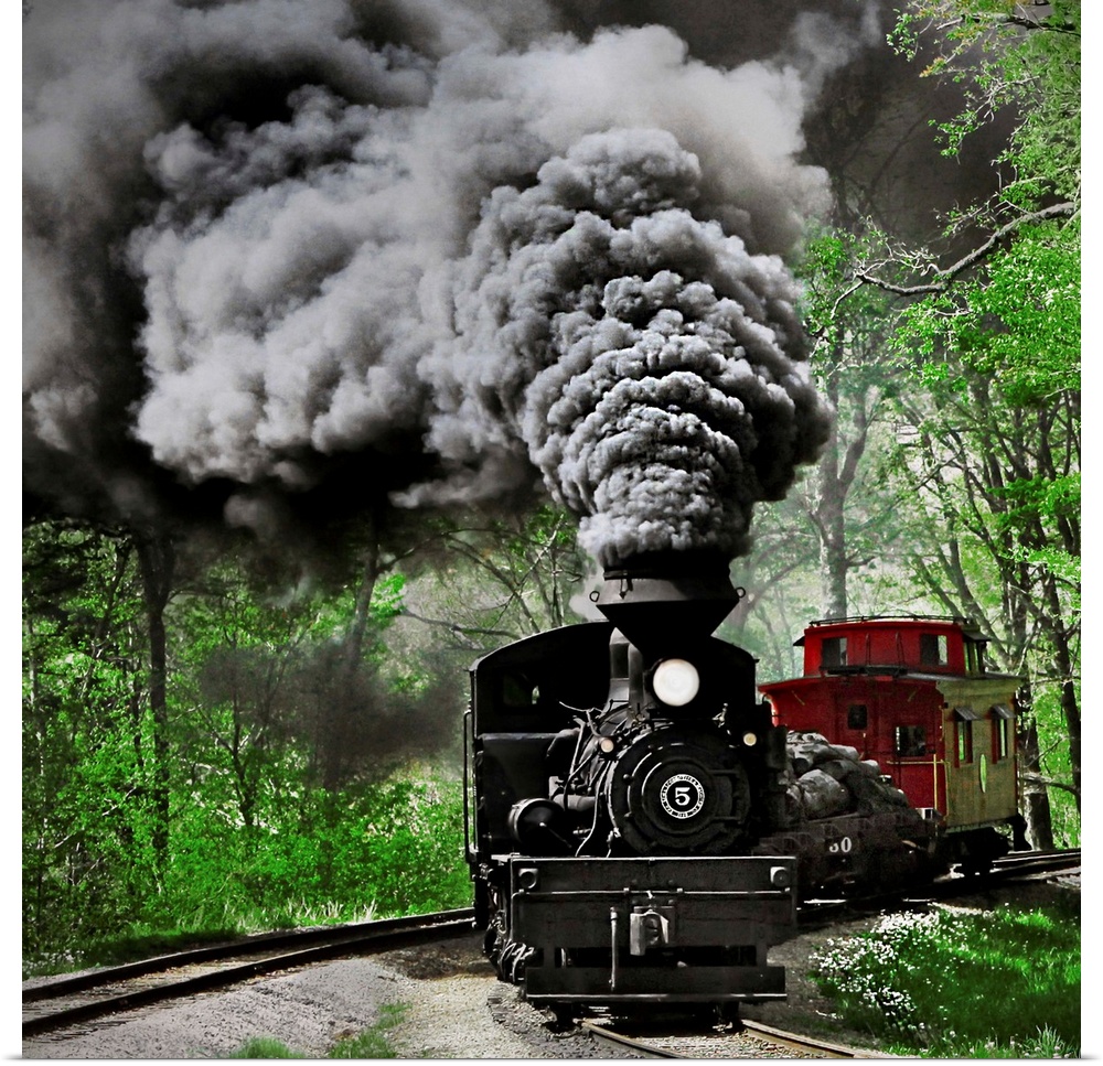 A photograph of a steam locomotive barreling down railroad tracks in a forest with massive clouds of smoke pouring from th...