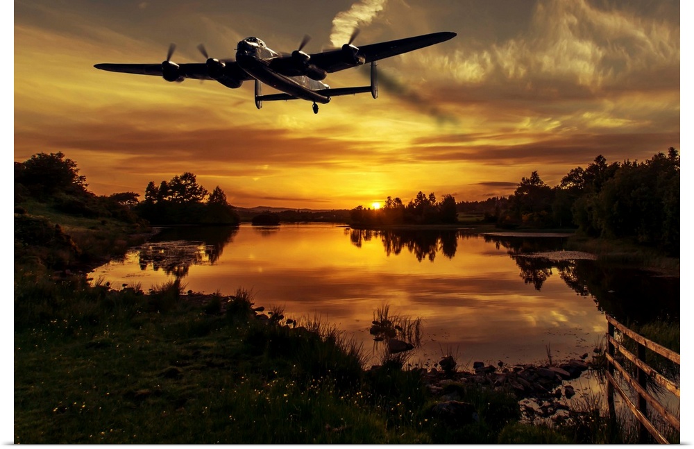 A Lancaster bomber heads home at sunset.