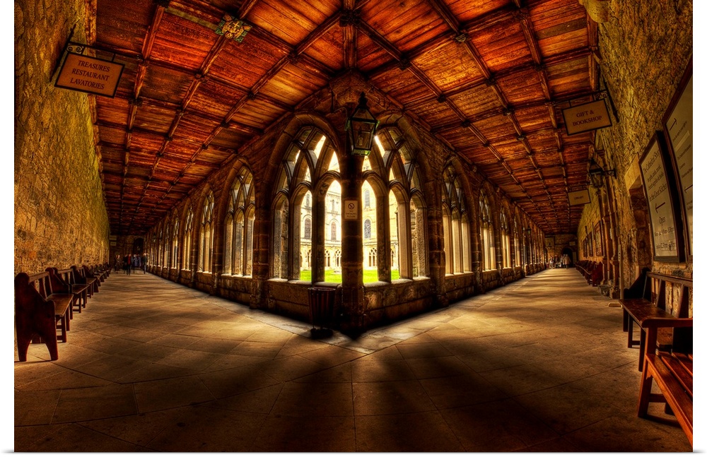 Angle view of the cloisters in Durham cathedral.