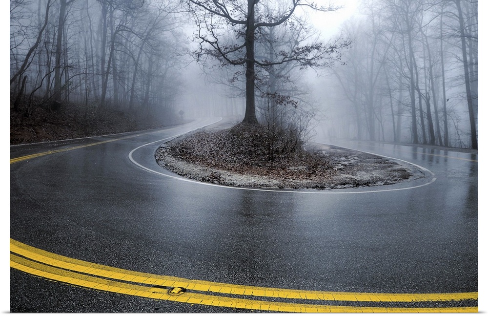 A great hairpin turn on Monte Sano Mountain with a great foggy background.