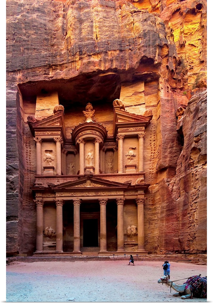 Archaeological site of the Al Khazneh temple in Petra, Jordan.
