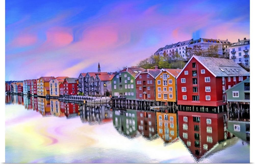 Colorful buildings along the river Nid, reflecting beautiful pastel shades, Norway.