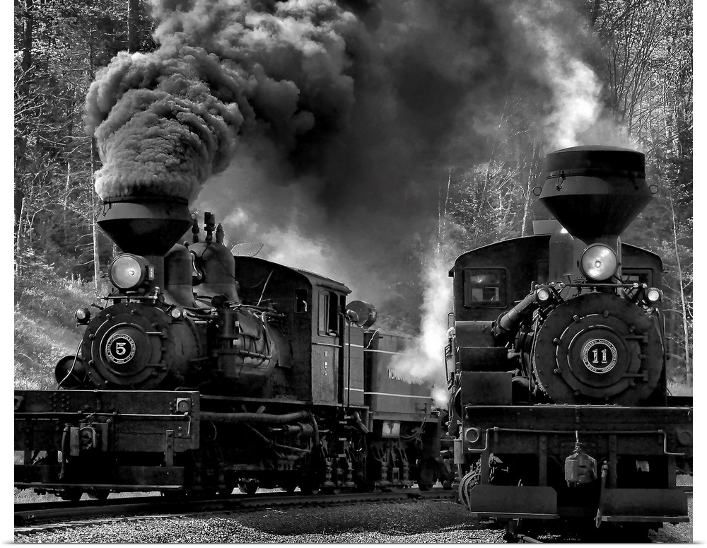 Twin locomotives on the railroad tracks.