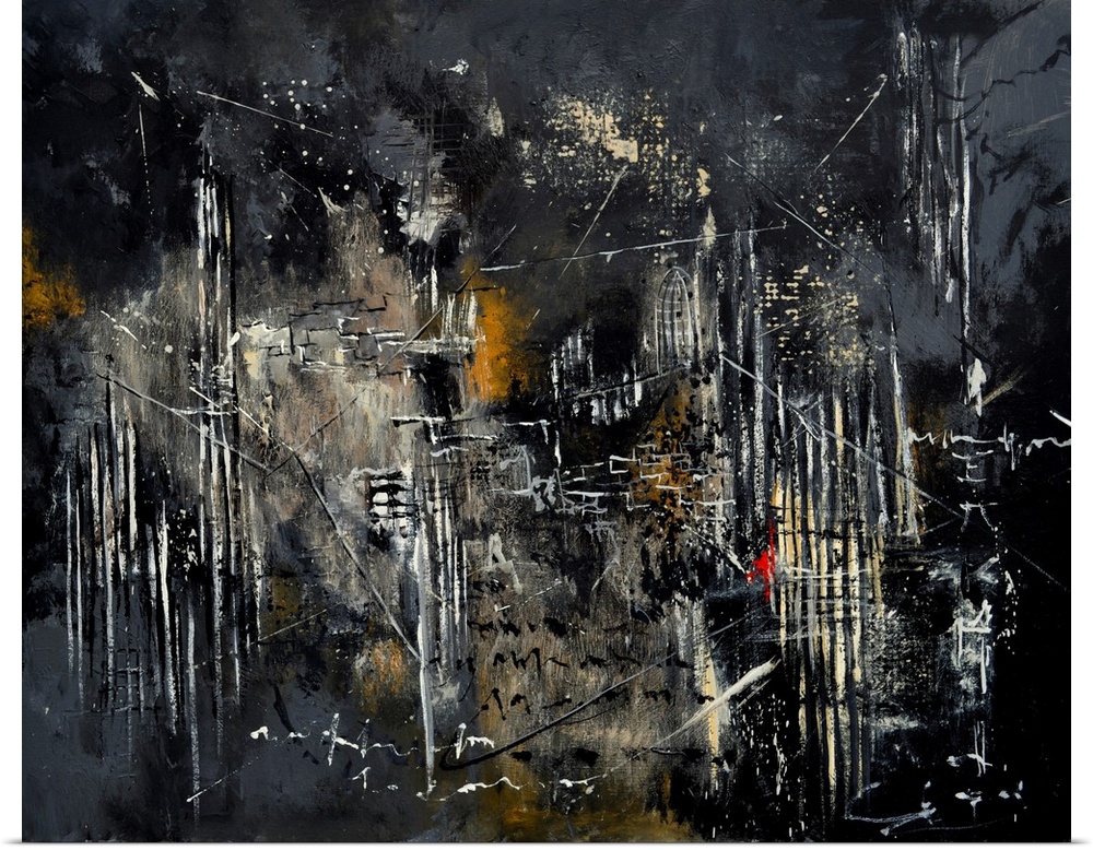 Abstract painting in dark shades of black, white and gray with splatters of paint overlapping and vertical lines.