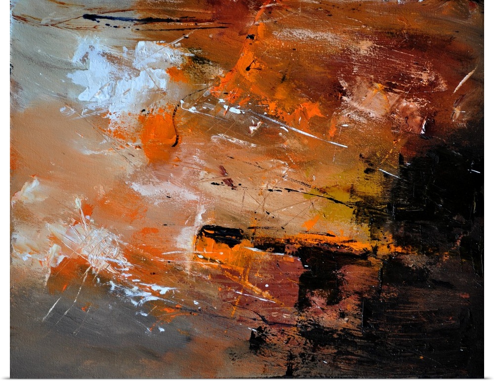 Abstract painting in textured shades of orange, black and white with splatters of paint overlapping.