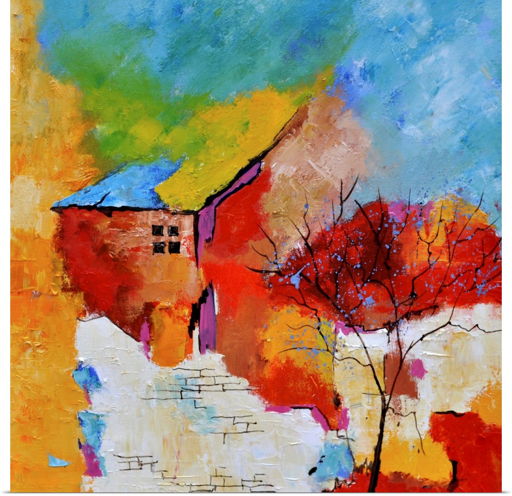 A square abstract painting of a house with vibrant textured colors of red, yellow and blue.