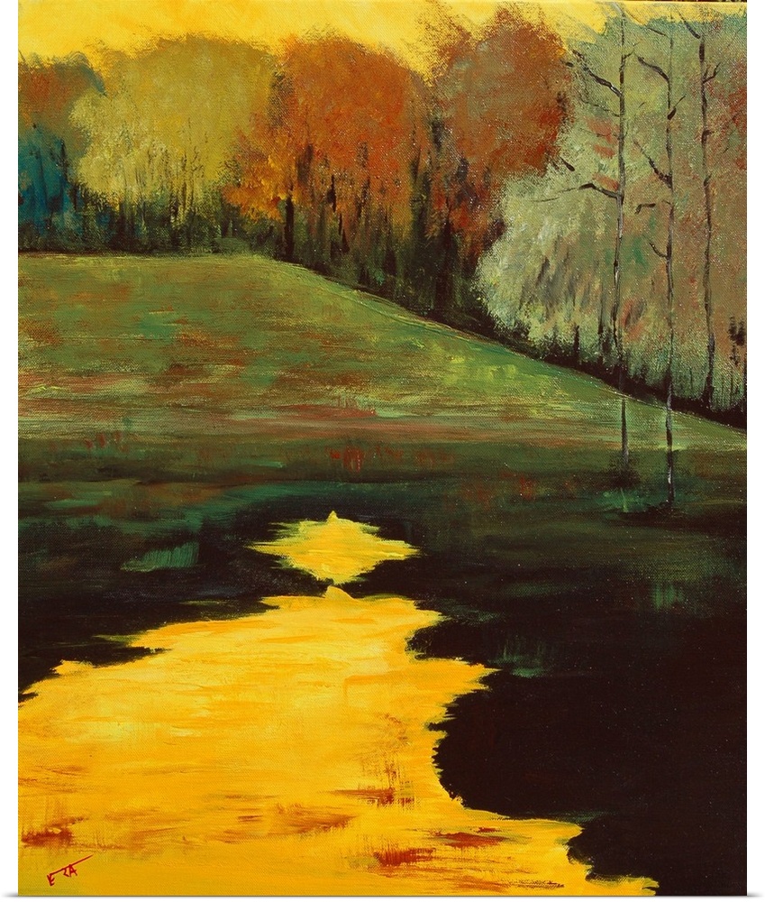 A contemporary landscape of a field and trees next to a lake in warm autumn colors.