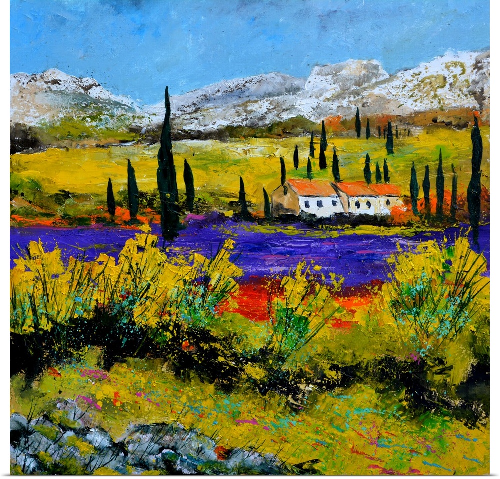 Vibrant painting of a bright Summer day with a house next to a river and mountains in the distance.