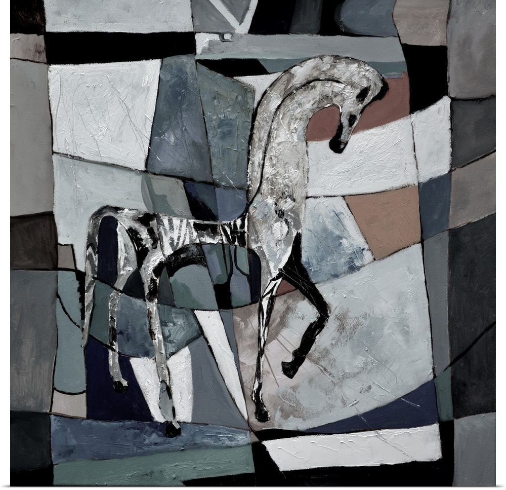 Painting done in a cubism style of a horse against a checkered background in shades of gray and brown.